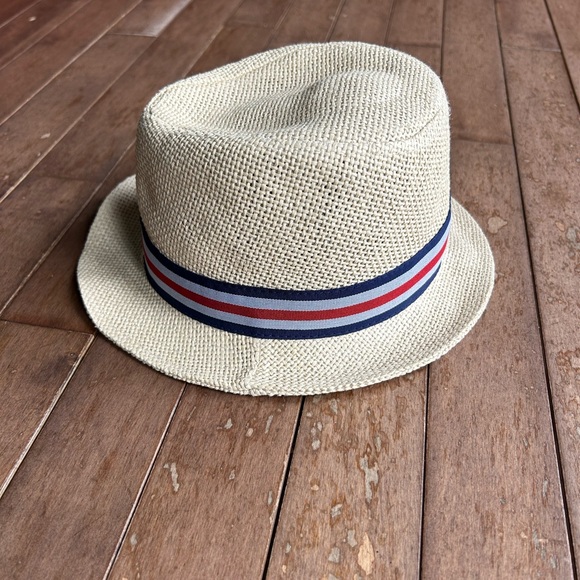 Other - Kids Straw Fedora Hat with Striped Red, Gray & Blue Band One Size